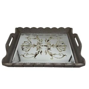 Decorative Mirrored Serving Tray Gray Wood Gold Scroll Accent Handles